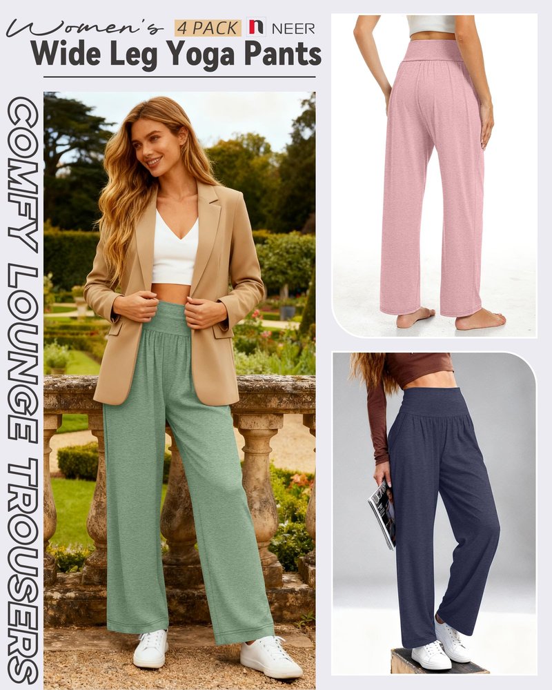 Neer 4 Pack Women's Wide Leg Yoga Pants High Waist Casual Sweatpants Loose Cozy Lounge Pajama Flowy Pants with Pockets(Black, Dark Blue, Turquoise, Pink,X-Large)