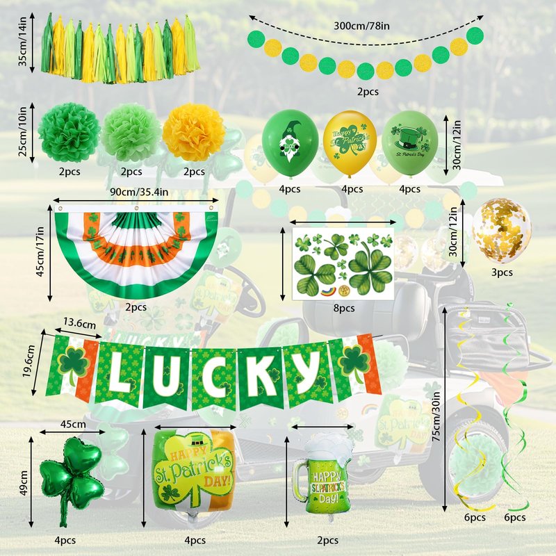 St Patricks Golf Cart Parade Decorations Kit, Complete Parade Float Accessories with Shamrock Garland for St. Patrick's Day Golf Cart Festival Decor, St Patricks Day Accessories