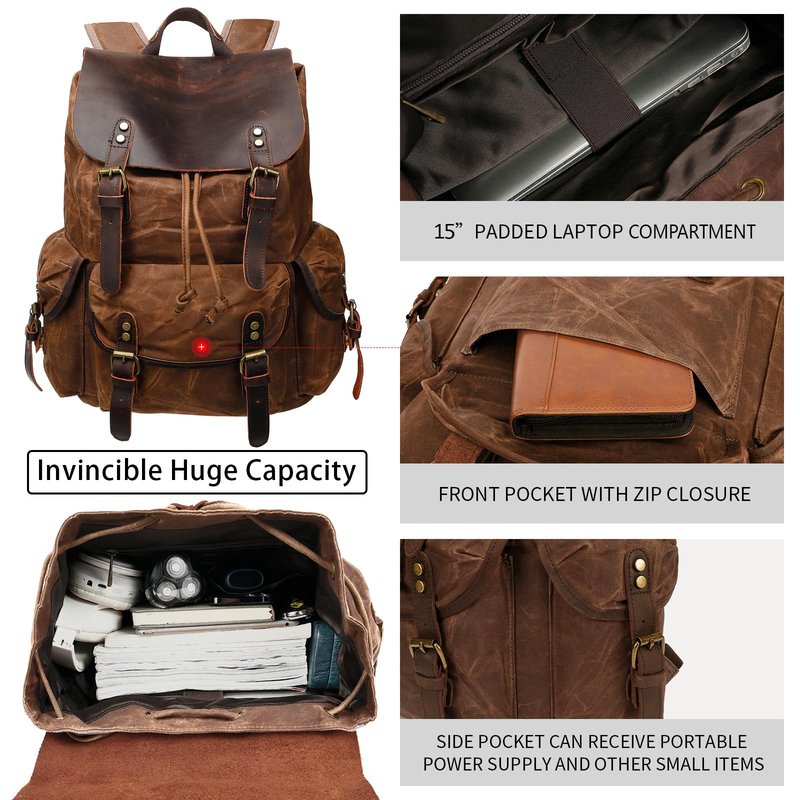 HuaChen Vintage Waxed Canvas Backpack with Genuine Leather Flap, Travel & Work Rucksack, Water-Resistant Daypack with Anti-Theft Pocket, Large (15.6"), M80 Brown
