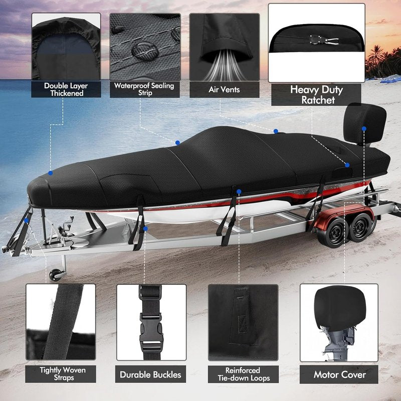 Heavy Duty Boat Cover - 1200D Waterproof Protection for 17-19ft Bass Boats | Ratchet Hem Tightening, Black