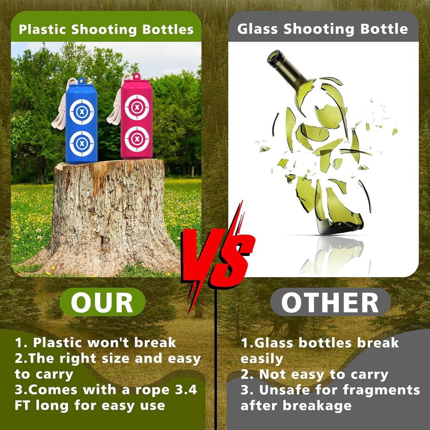 Shatterproof Bottle Shooting Targets - 6 Pack Plastic Bottles with Rope & Foldable Funnel | Colorful Firearm Practice Targets for Indoor & Outdoor Use
