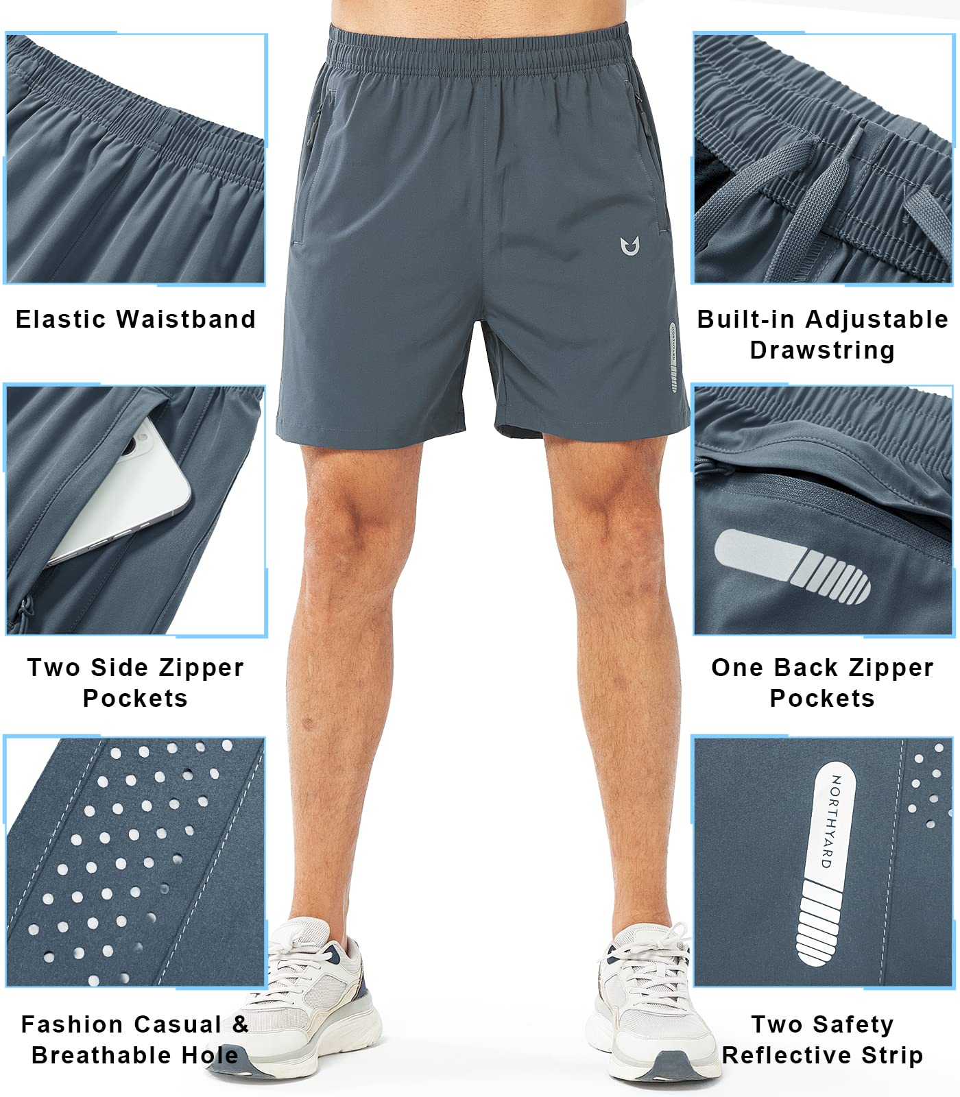 NORTHYARD Men's Athletic Running Shorts Gym Workout 7"/9"/5" Quick Dry Lightweight Sports Basketball Tennis 3 Zipper Pockets COOLGREY-5inch 4XL