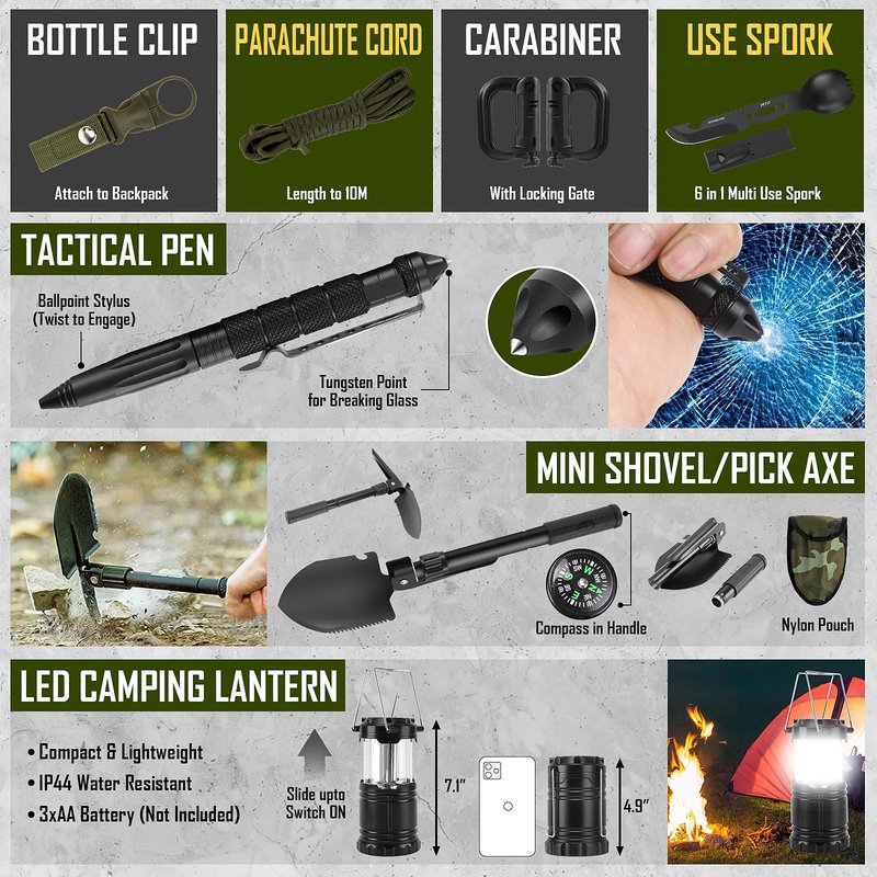 Survival Kit, 268 Pcs Emergency Survival Gear and Equipment Supplies with First Aid Kit, Camping Axe, Headlamp, Crossbody Bag for Camping Hiking, Hunting, Gift for Christmas Men, Dads, Black