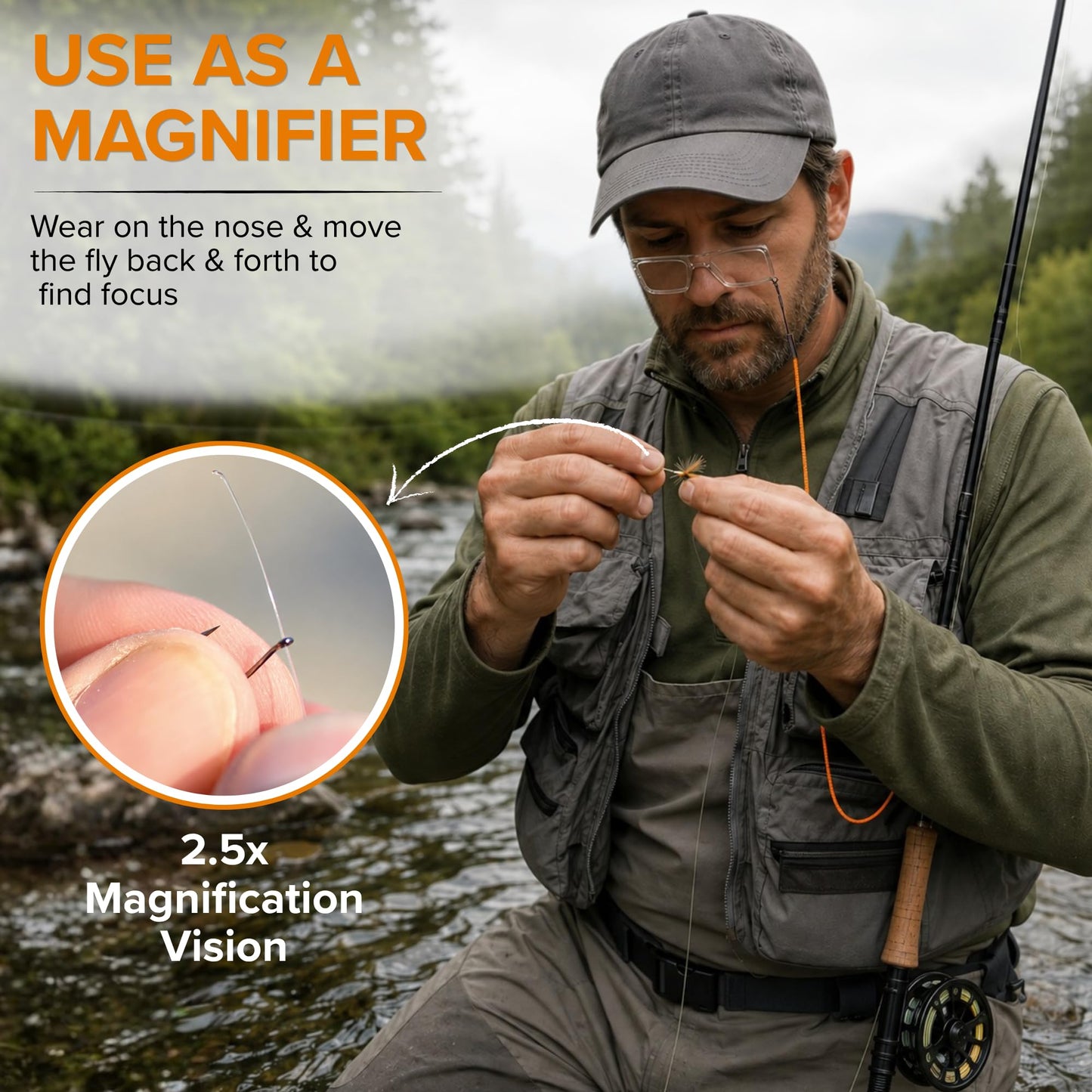 Fly Fishing Magnifying Glasses - Clip-on nose, Magnetic Release and One-Handed Use. 8295