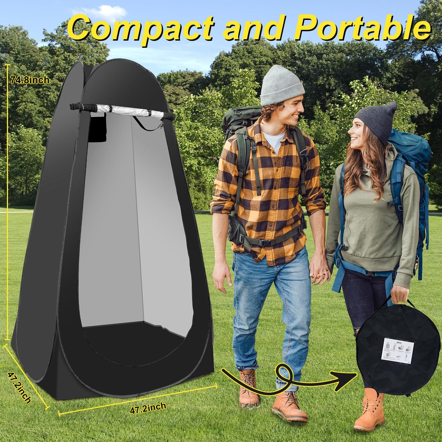 Pop Up Shower Tent for Camping, Portable Outdoor Privacy Shower Tent with 6000mAh Rechargeable Shower (Black)