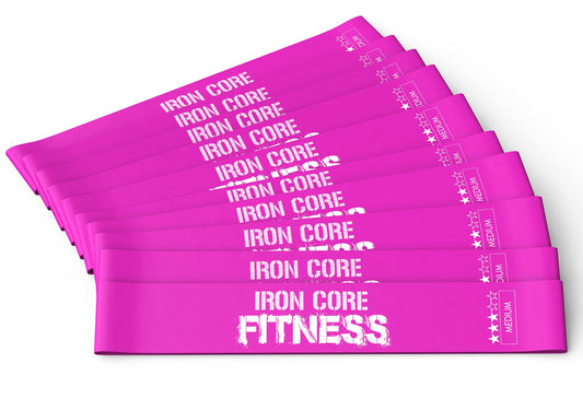 10 Resistance Loops for Trainers, Bootcamp, Gym. Tone Glutes, Thighs, Leg, Back, arms. Bulk Workout Bands by Iron Core Fitness. Electric Rose, Medium