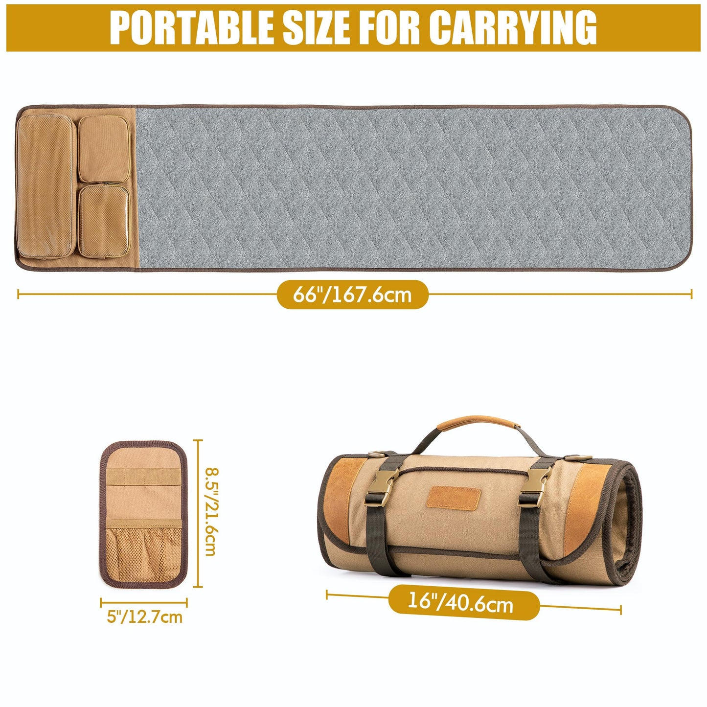 GOBUROS Large Gun Cleaning Mat for All Guns, Roll Up Rifle Cleaning Pad with PVC Accessory Organizer for Shotgun Handgun Pistols, Portable Canvas Gun Clean Mat with Shoulder Strap Khaki