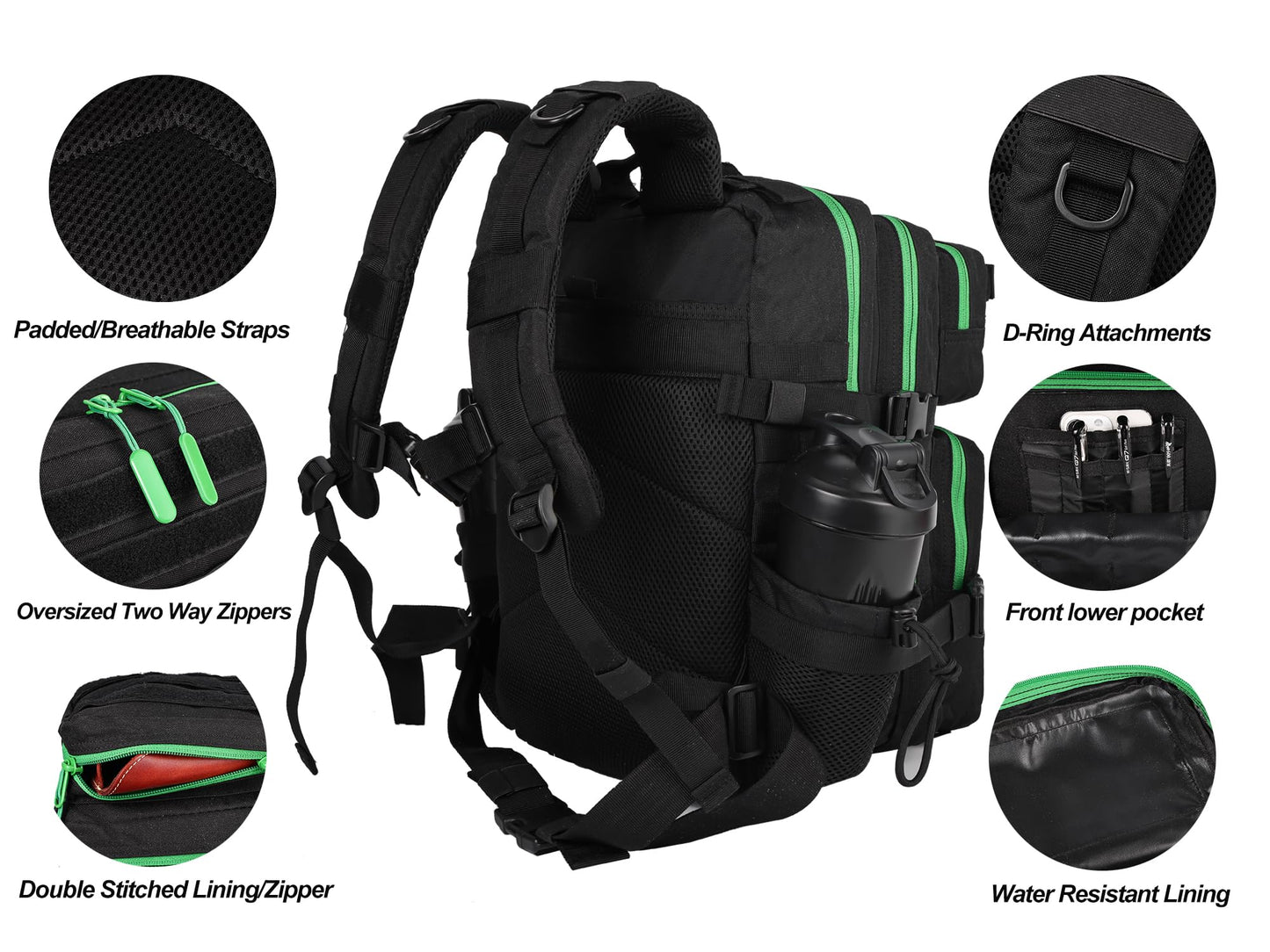LHI Tactical Military Backpack for Men and Women 25L Army Assault Pack Bag Large Rucksack with Molle System-Black green zipper