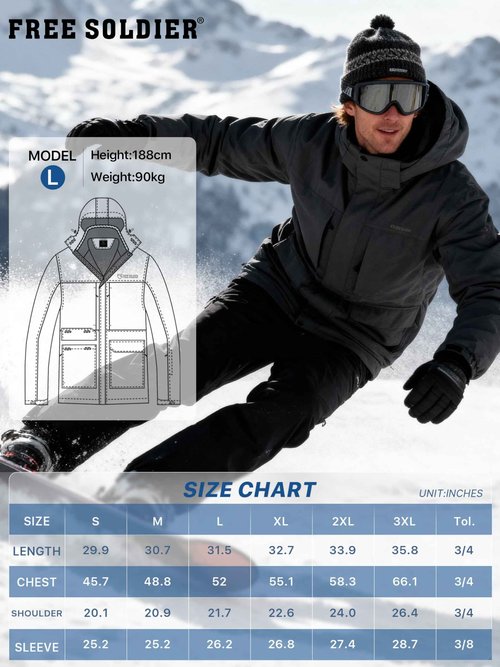 FREE SOLDIER Men's Waterproof Ski Jacket Fleece Lined Warm Winter Snow Coat with Hood Fully Taped Seams(Black,M)