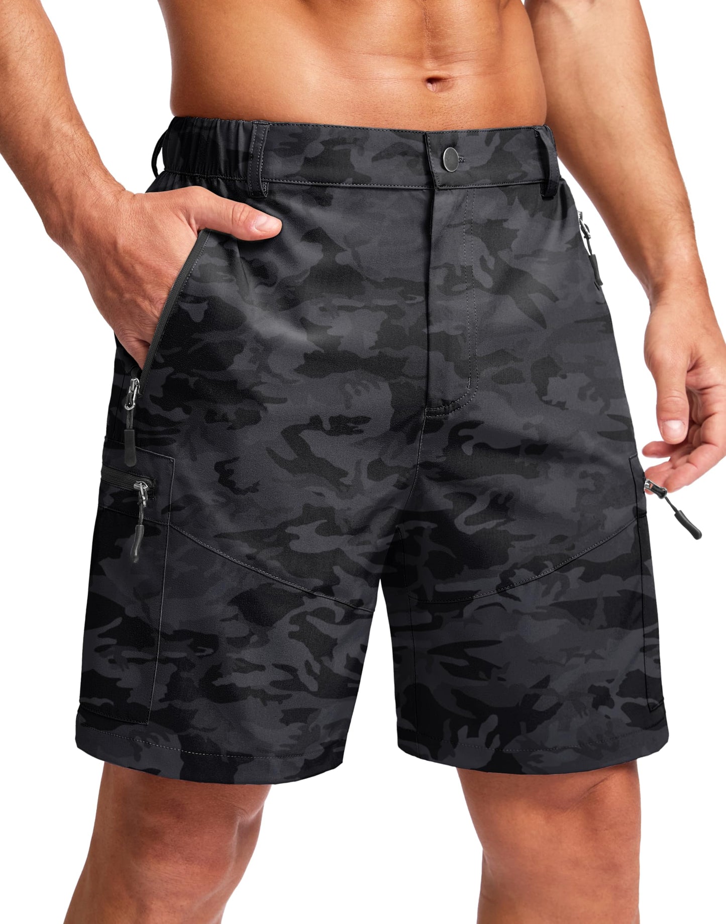 Pudolla Men's Hiking Cargo Shorts Lightweight 7" Travel Casual Shorts for Men Golf Work Outdoor with 5 Zipper Pockets(Black Camo Large)