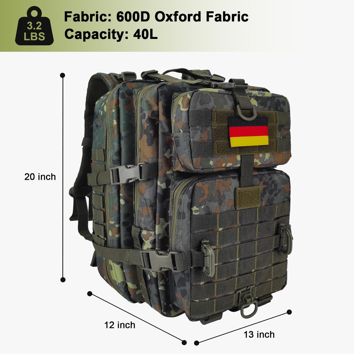 Hannibal Tactical MOLLE Assault Backpack, Tactical Backpack Military Army Camping Rucksack, 3-Day Pack Trip w/USA Flag Patch, D-Rings, Flecktarn
