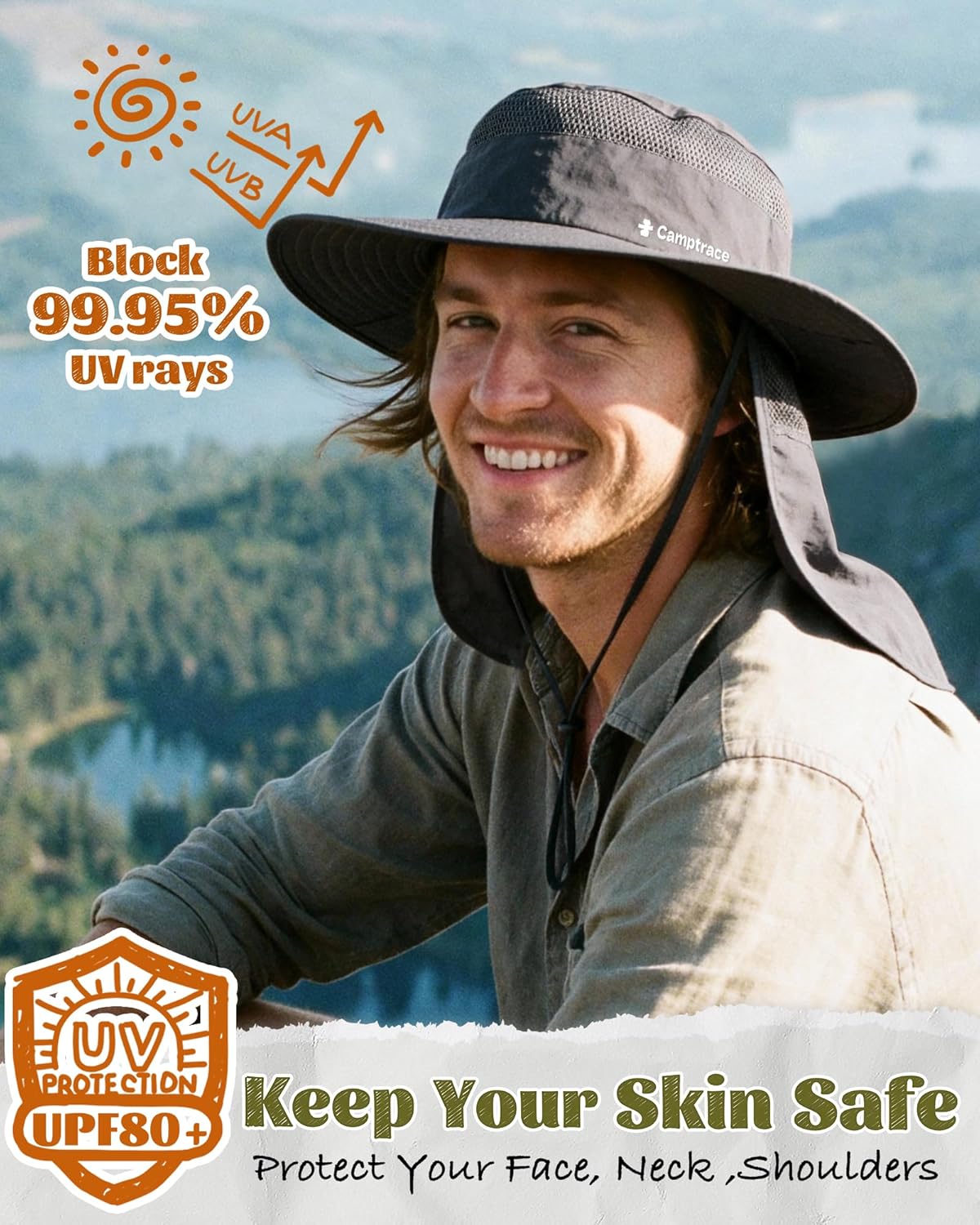Camptrace UPF 80+ Sun Hat for Men & Women - Wide Brim Mesh Protection with Neck Flap | Ideal for Fishing, Hiking, Gardening