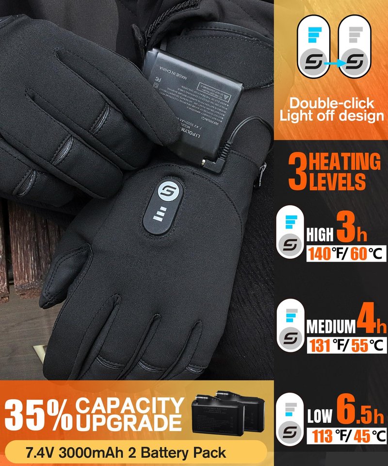 JS LifeStyle Heated Gloves for Men Women HG-05,7.4V 3000mAh Rechargeable Battery Wear-Resistant Heated Work Gloves with Touch Screen and Light-Off Design for Winter Driving Cycling Motorcycle