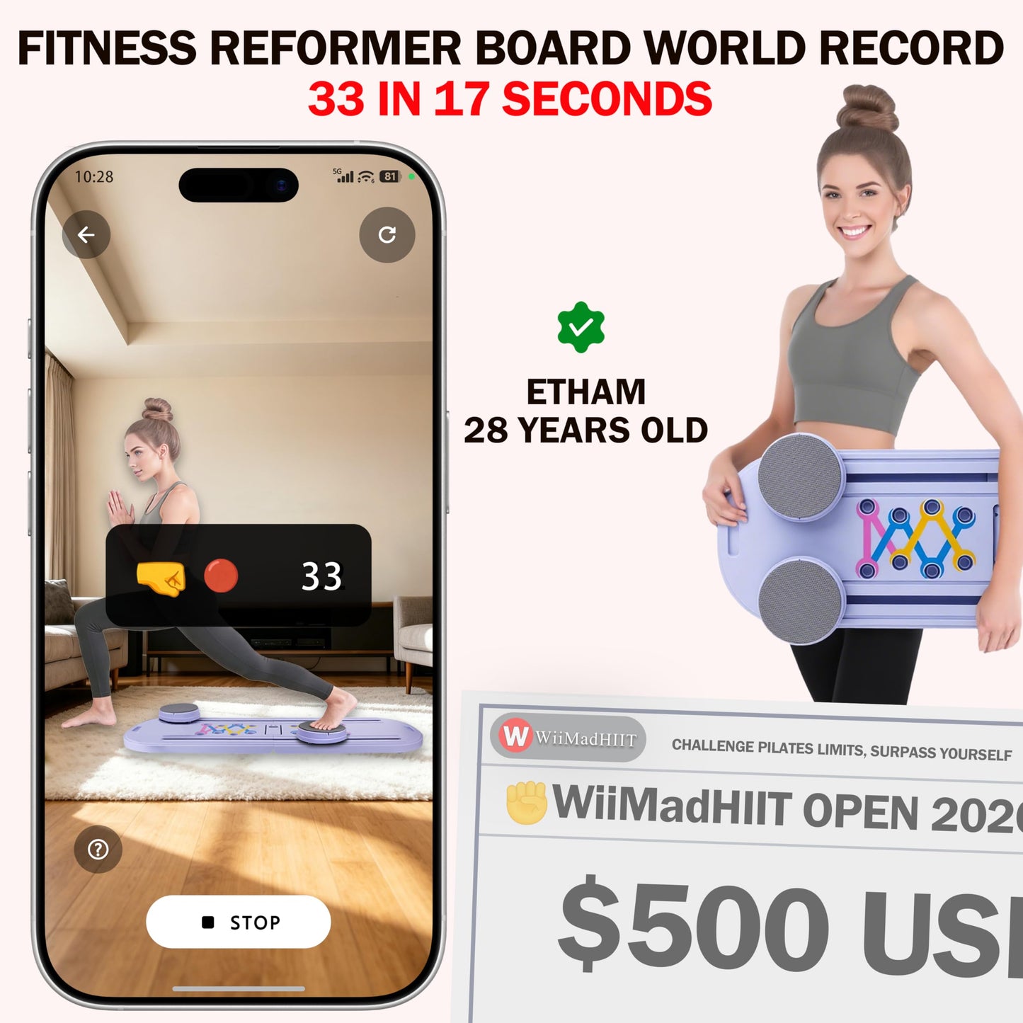 Plymax Pilates Board | Mini Pilates Reformer Portable Foldable Pilates Equipment for Home Workout Women & Men | 6-in-1 Pilates Reformer Machine with AI Motion Counter App & Tutorial