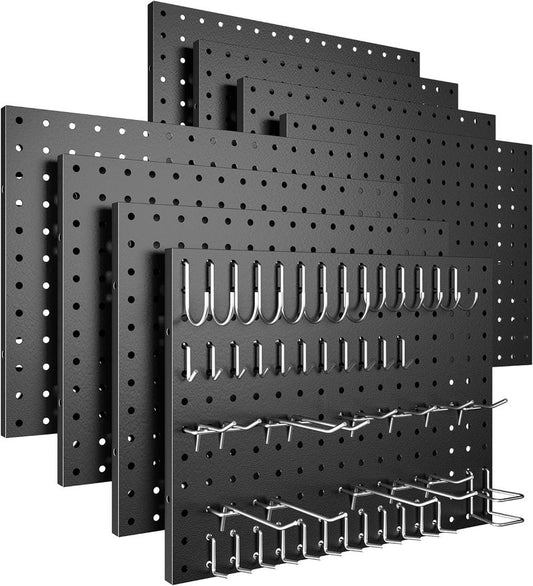 Metal Pegboard Panels - 8 Pack Wall Organizer with 50 Hooks | Heavy Duty Black for Garage, Office, Kitchen & Craft Room