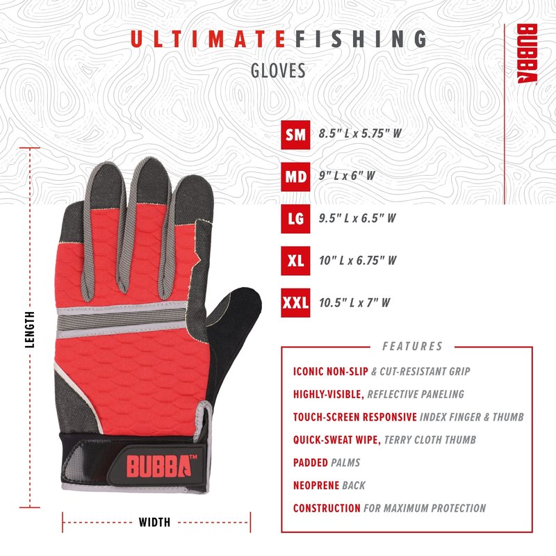 BUBBA Ultimate Fishing Gloves with Cut Resistant Construction, Cloth Thumb and Touch Screen Usability for Fishing, Angling, Boating and Outdoors, X-Large