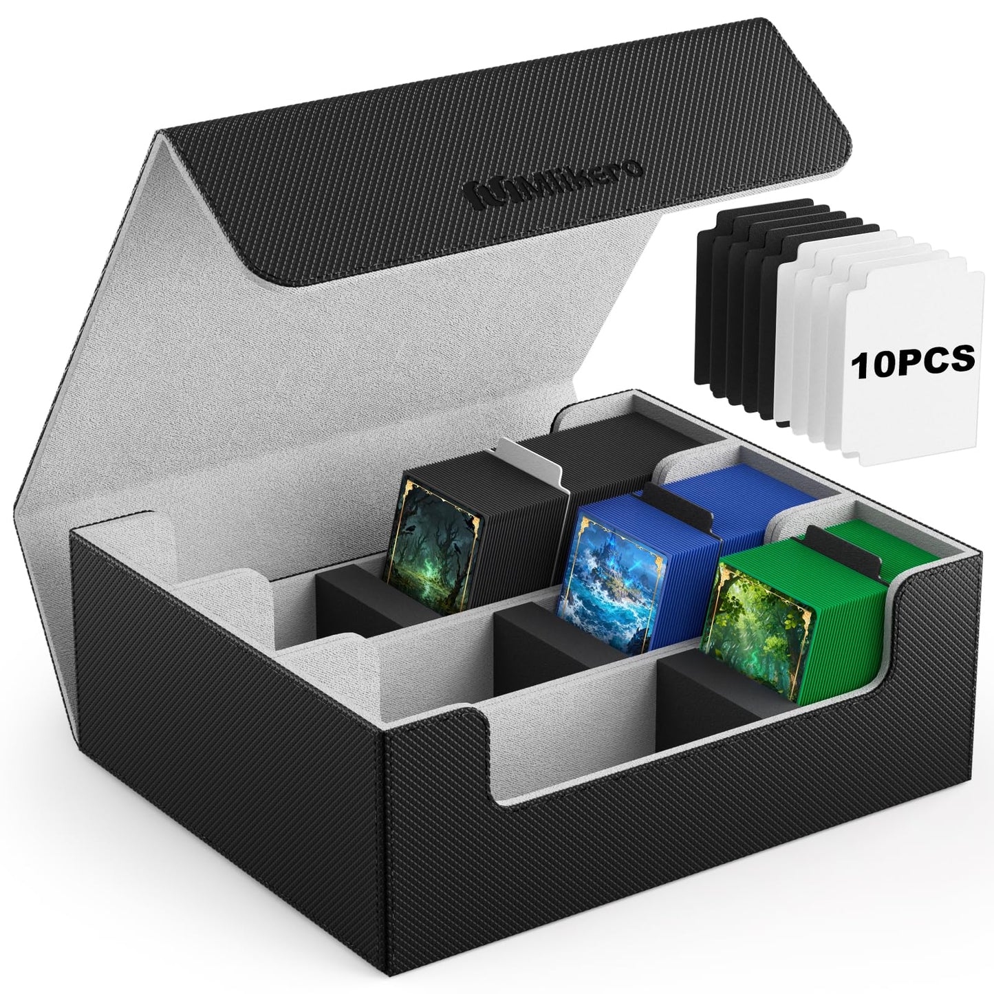 Mlikero Trading Card Storage Box, Bulk Card Storage for 1800+ Sleeved Cards, PU Leather Magnetic Closure Card Organizer with 10 Dividers & 3 Foam Stoppers, Fit for MTG, TCG and Sports Cards