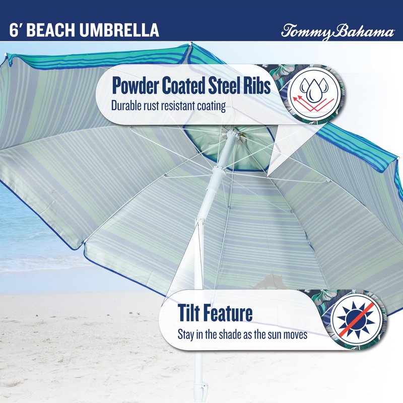 Tommy Bahama 6' UPF 50+ Tilt Beach Umbrella with Integrated Sand Anchor, Wind Vent, and Carry Bag, Multi Stripe