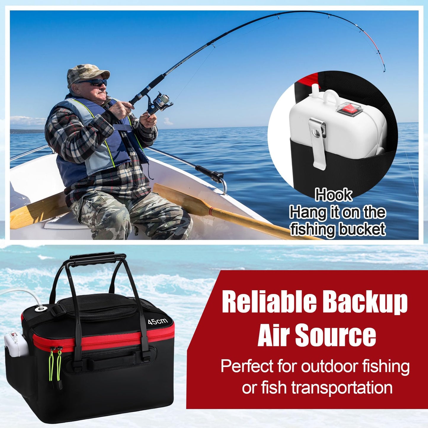 Cosblank 2 Pcs Fishing Bucket and Live Bait Aerator, Foldable Multi Functional Live Bucket Portable Quiet Aerator Outdoor Camping Fishing EVA Bag(Black,8 Gallon)