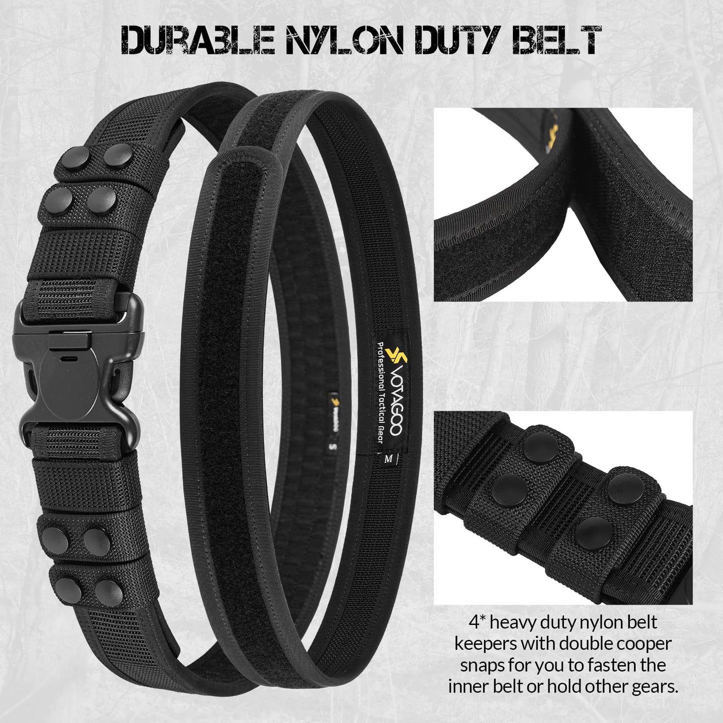 VOTAGOO GEAR Duty Belt 2'' Police Belts with Hook Lining, Adjustable Nylon Tactical Belt for Law Enforcement Officers with 4 Belt Keeper, Small, Black
