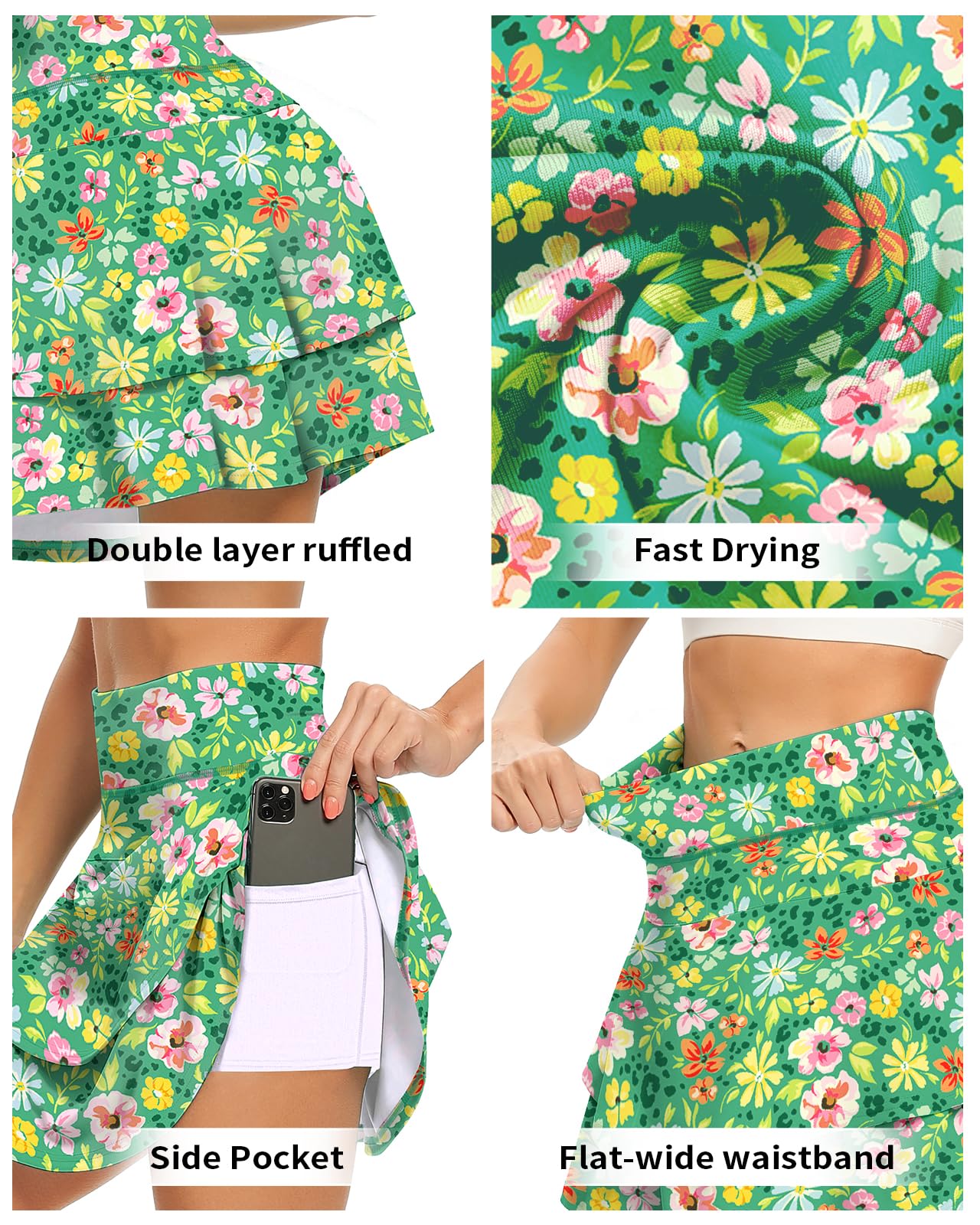 WOWENY Women's Athletic Pleated Tennis Skirt Ladies Active Layered Skort with Pocket Running Golf Skirt with Ruffle for Workout Sports Pickleball(2-Layer Green Flower,S)