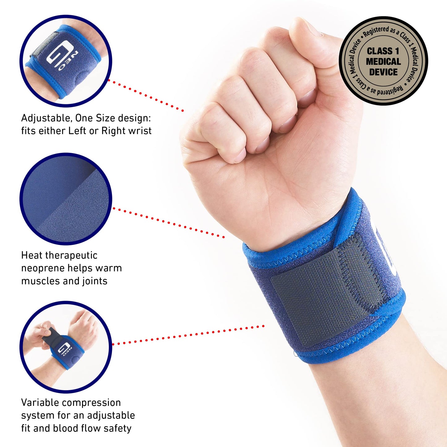 Neo-G Wrist Band - Support For Joint Pain, Arthritis, Sprains, Strains, Instability, Sports, Golf, Tennis, Basketball - Adjustable Compression - Class 1 Medical Device - One Size - Blue