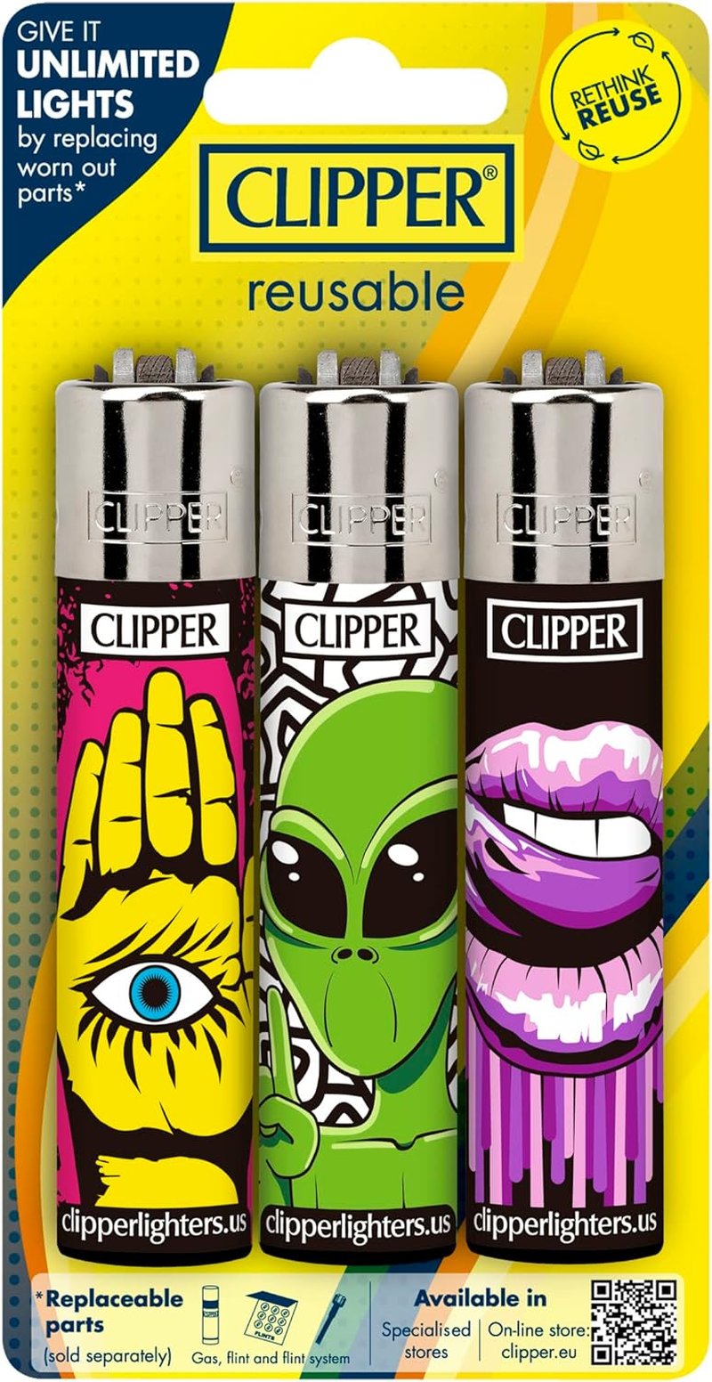 Classic Large Reusable Lighter - Premium Refillable Butane Lighters | 12 Pack Assorted Designs