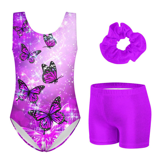 Girls' Purple Gymnastics Biketards Size 8 Big Girls' 3d Print Butter-fly's Gymnastics Leotards with Matching Scrunchie for Age 9 Children 3 Piece Quick Dry Sparkly Tumbling Clothes Sets,8-9 Years