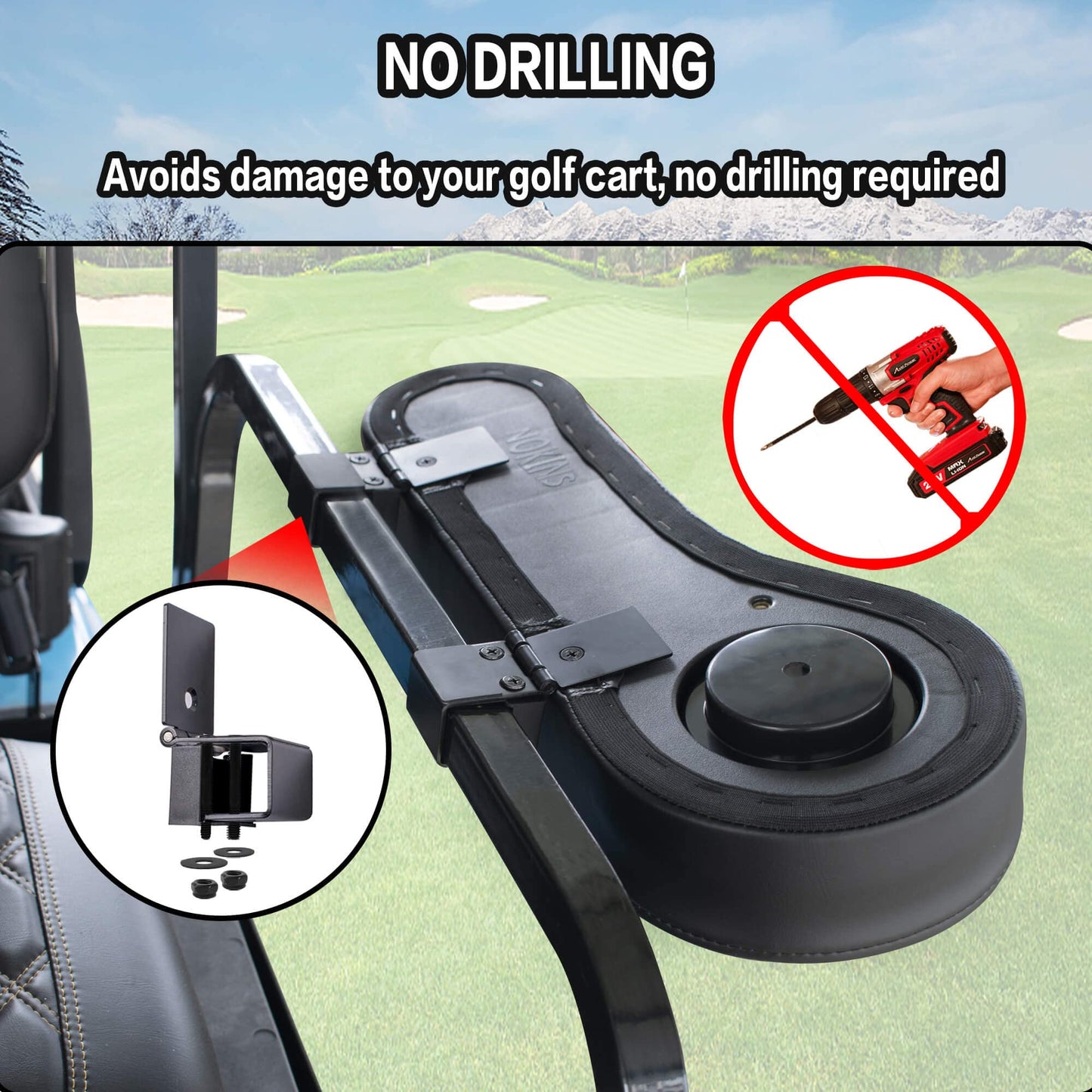 NOKINS Golf Cart Armrest with Cup Holder, Add Conjoined Support, Sturdy Without Tilting, No Drilling, for Club Car EzGo Yamaha Rear Seat Kit (Flip (Black))