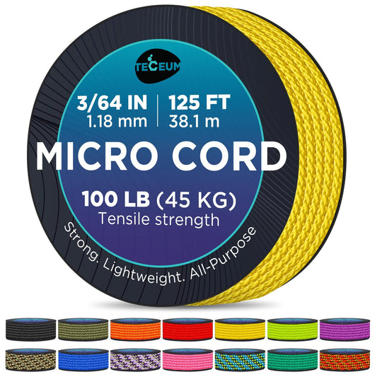 TECEUM Micro Paracord – Yellow – 1.18 mm x 125 ft – Micro Utility Cord – Thin Braided Paracord Rope Nylon Polyester – Wind Chime Replacement – Survival Strong String 019c