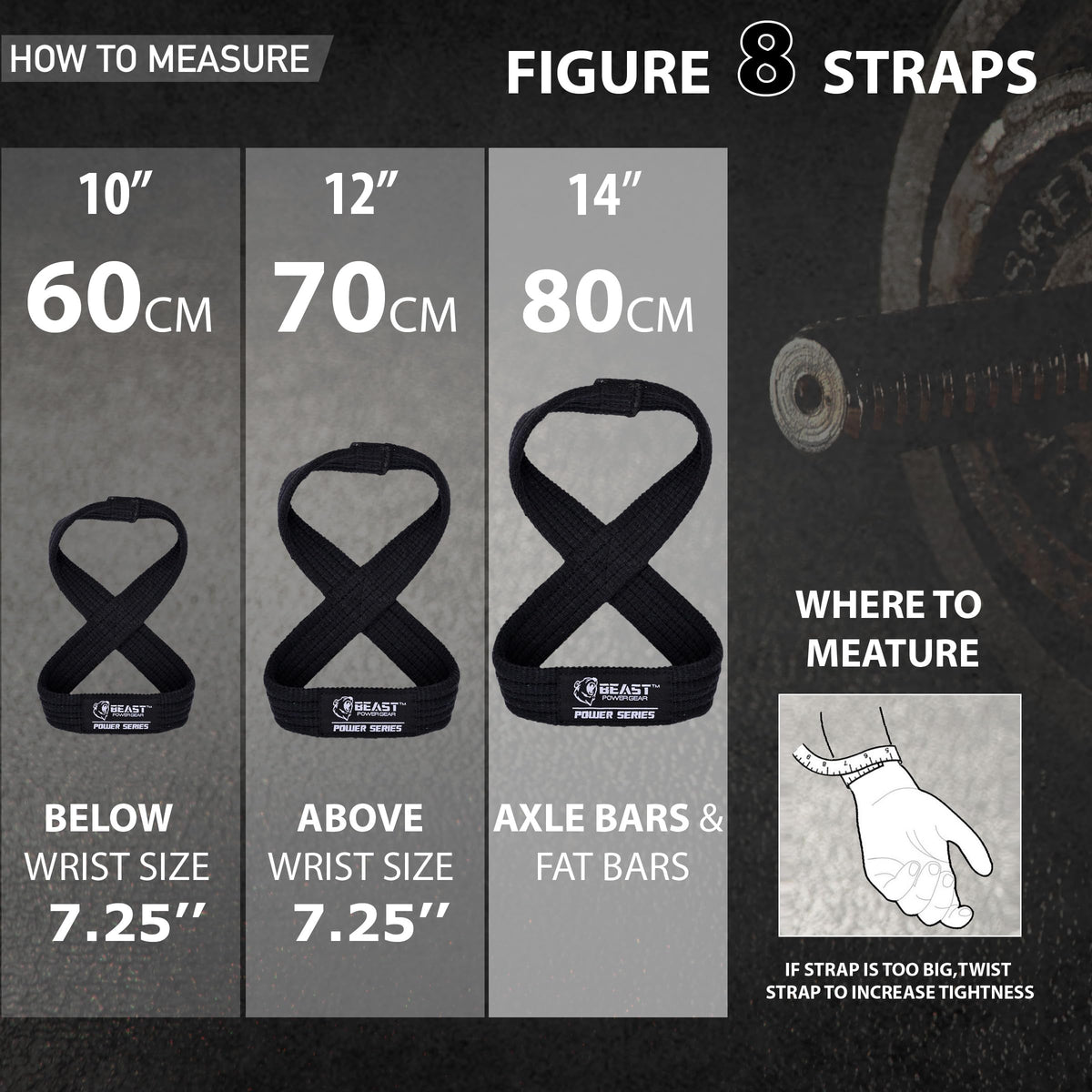 Beastpowergear Figure 8 Strap | Heavy Duty Deadlift Weight Lifting Power Wrist Strap | Weightlifting Powerlifting Shrugs Workout Men Women (Black, Medium 12” (Up to 8.5 Wrist Circumference))