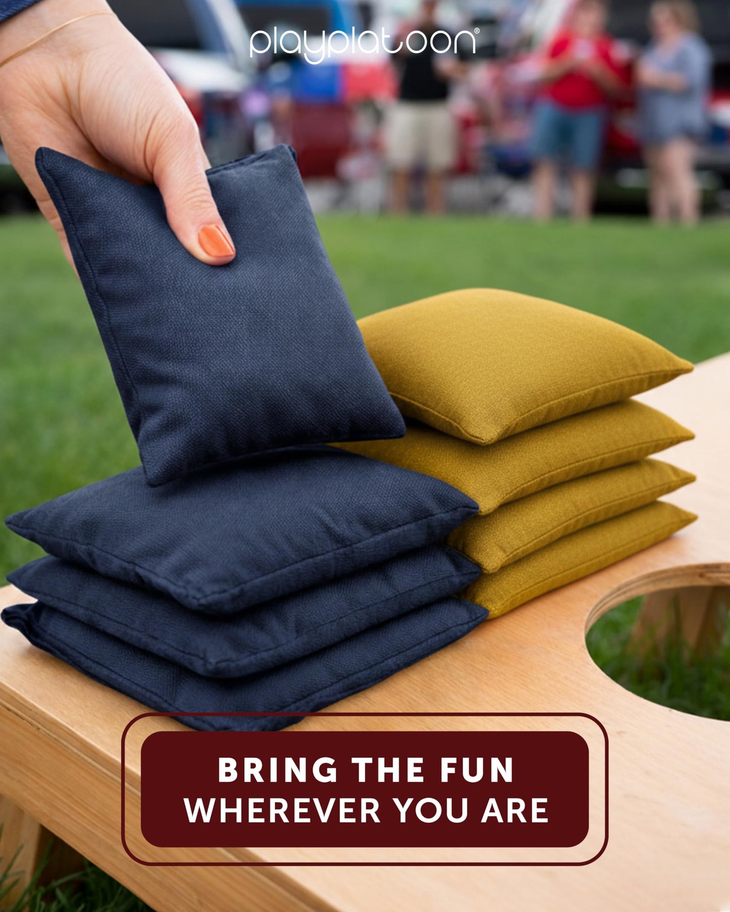 Play Platoon Weather Resistant Cornhole Bags - Set of 8 Regulation Corn Hole - Navy Blue & Gold - Durable Duck Cloth Corn Hole for Tossing Game, Includes Tote Bag