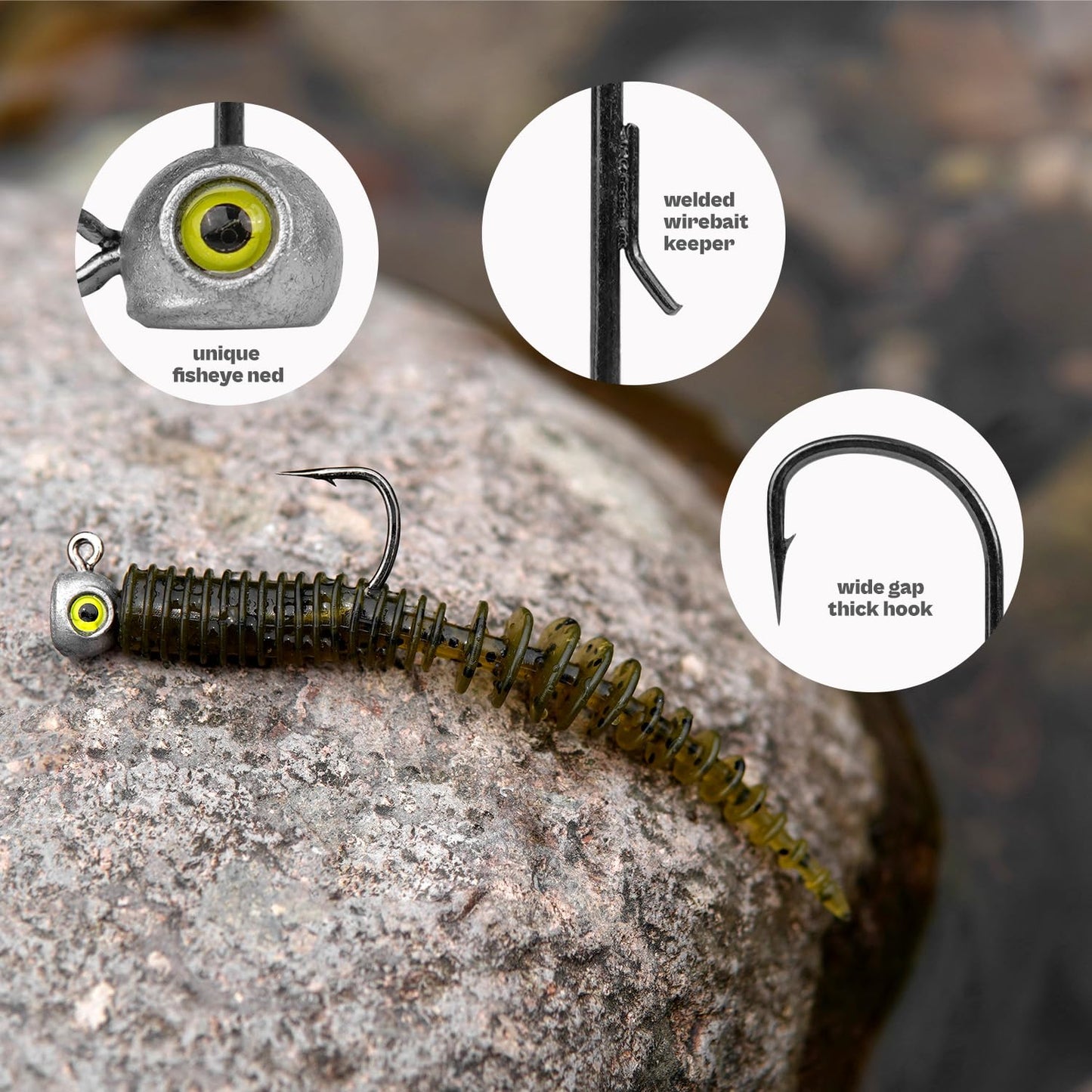 15-Pack Fish Eye Ned Rig Jig Heads with Welded Wire Bait Keeper – 1/16 3/32 1/8 3/16 1/4oz with 2/0 3/0 Hooks, Chartreuse Eyes, Secure Finesse TRD Hookup for Bass Fishing