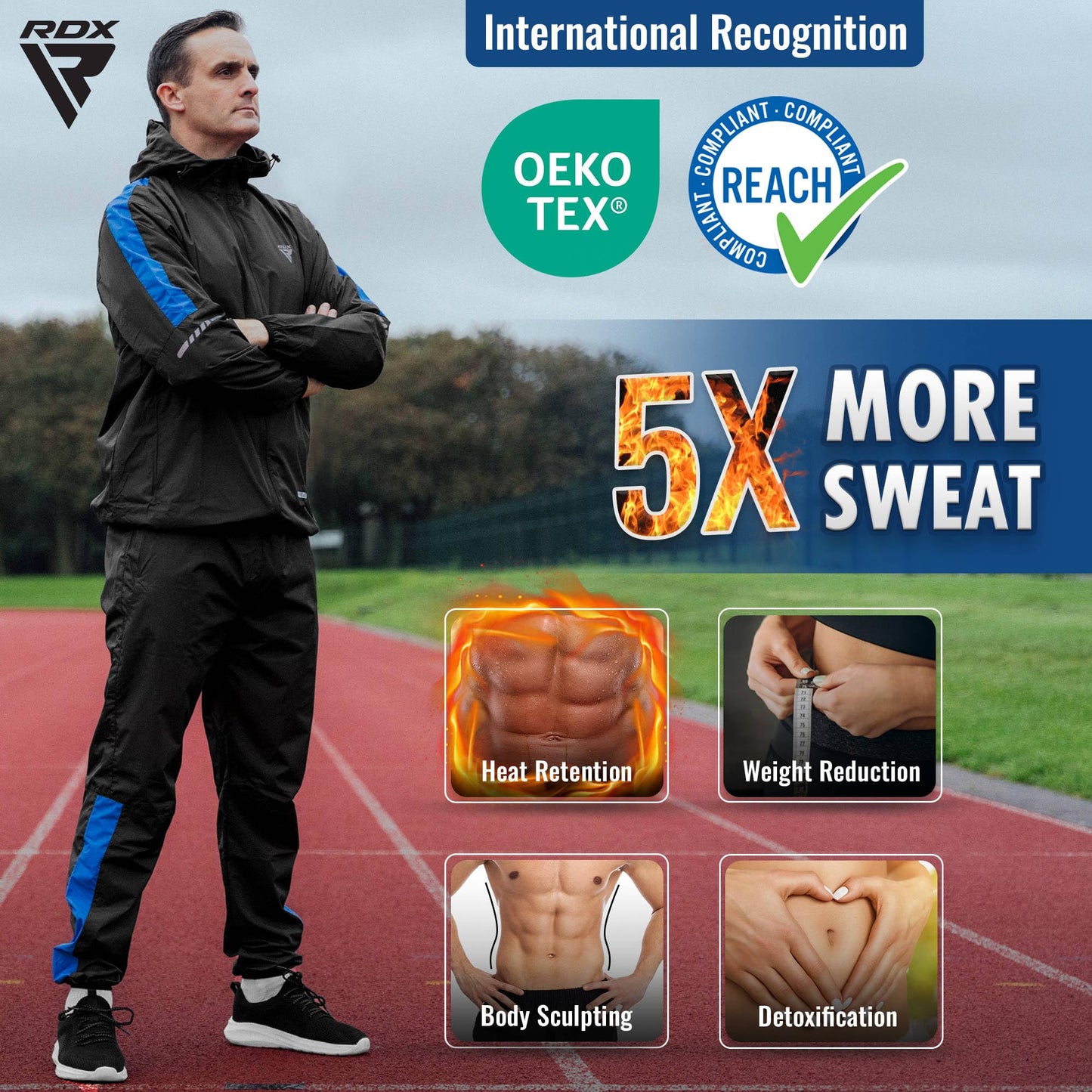 RDX Sauna Suit Weight Loss, REACH OEKO TEX 100 CERTIFIED, Sweat Jacket with Hood, Body Slimming Fitness Workout Men Women
