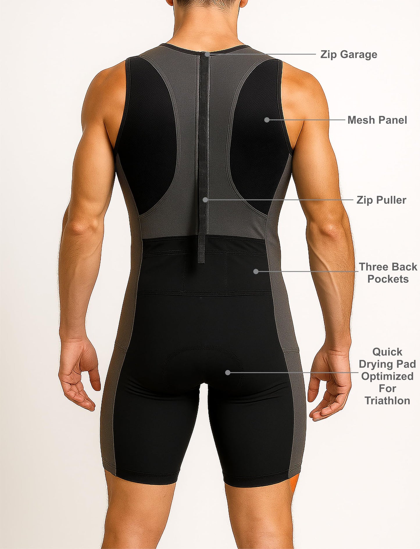 Wixen Men’s Triathlon Suit – Padded One-Piece Sleeveless Trisuit with Rear Zipper for Running, Swimming, Cycling – Gray-L