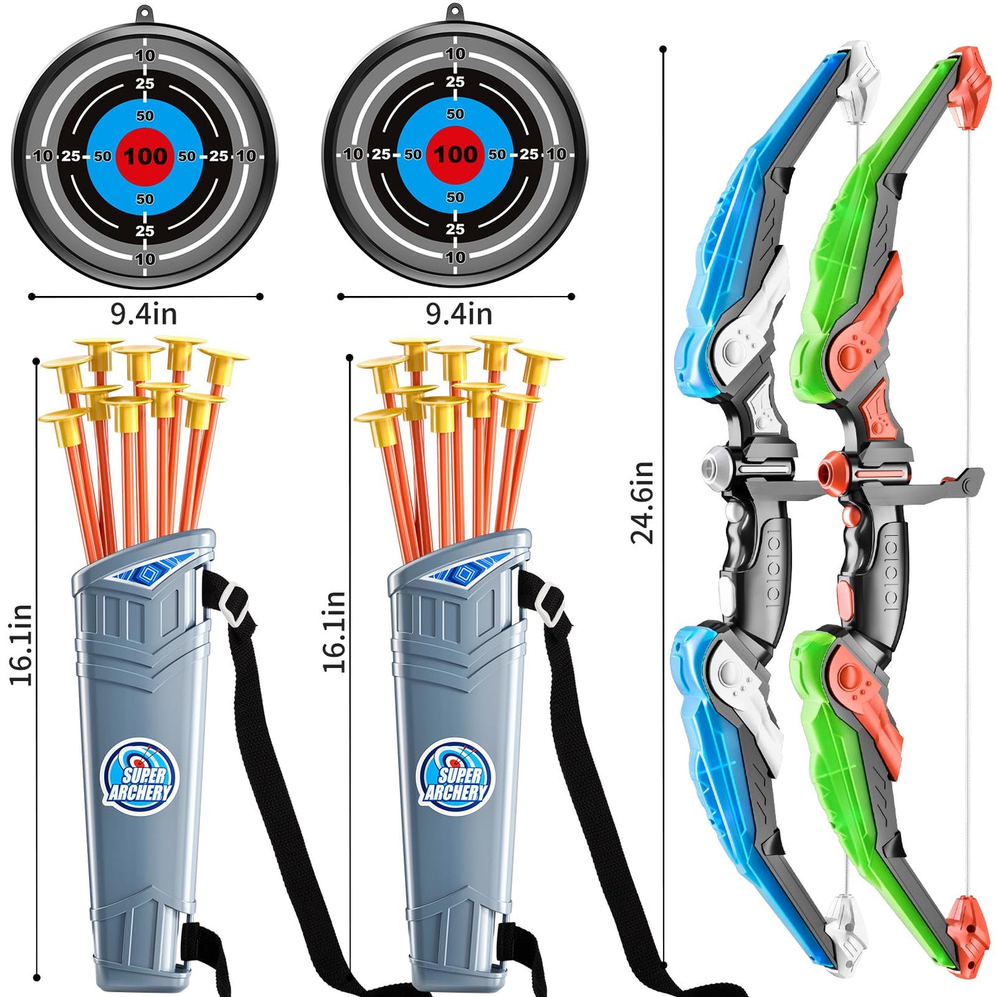 2 Pack Set Bow and Arrow Archery Toy for Kids, LED Light Up with 20 Suction Cup Arrows Target & Quiver, Outdoor Toys Kids Boys Girls Ages 3-12 Years Old