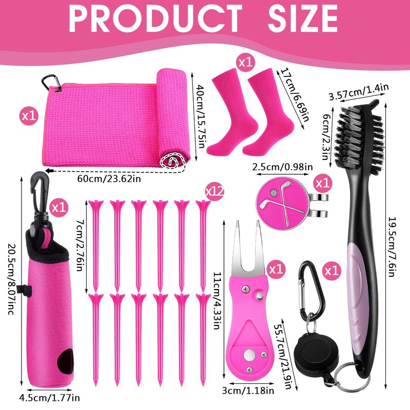 VioraWhite 16 Pcs Pink Golf Accessories Kit for Women Include Golf Towel with Clip, Hat Clip, Balls Holder, Club Cleaner Brush, Divot Repair, 10 Plastic Tees, Pink Socks Gift Set