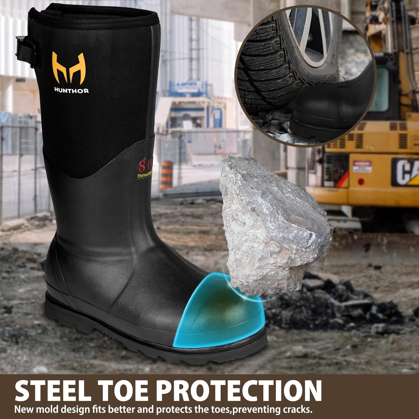 Rubber Work Boots with 800g Insulation, Puncture-Proof Steel Toe & Shank, Waterproof and Insulated 6mm Neoprene Hunting Boots for Farming, Construction, Fishing, and Manufacturing (Black, Size 7)