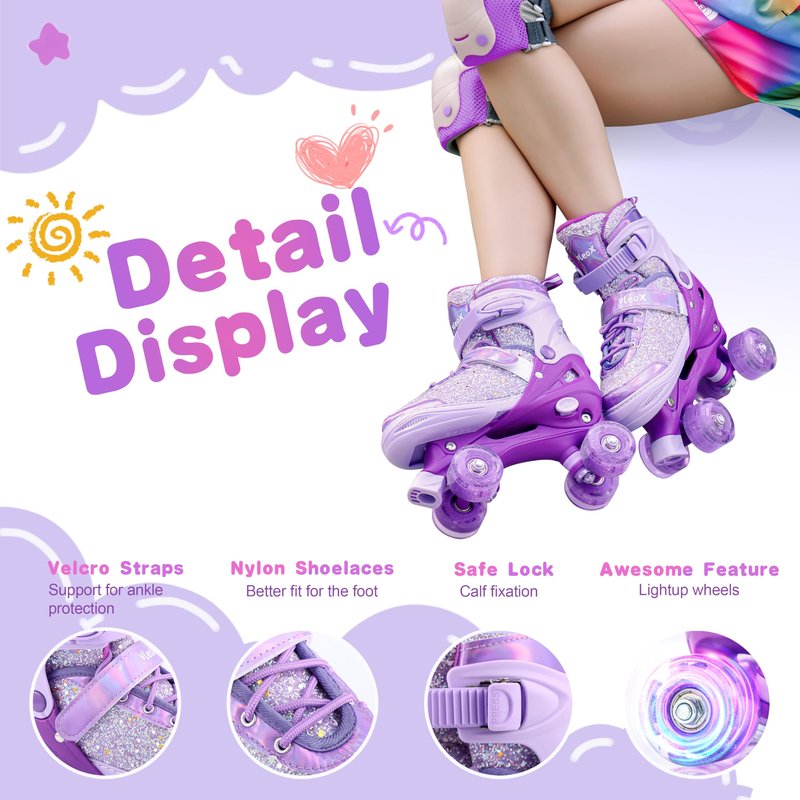 VleoX Roller Skates for Girls Kids Child Beginners, 4 Size Adjustable Light up Wheels Fun Illuminating Purple Pink Skates for Boys Toddlers Patines