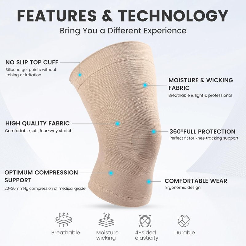Knee Compression Sleeves, 1 Pair, Can Be Worn Under Pants, 20-30mmHg Strong Support Knee Brace for Unisex, Knee Support for Meniscus Tear, Arthritis, Pain Relief, Injury Recovery, Daily Wear, Beige M