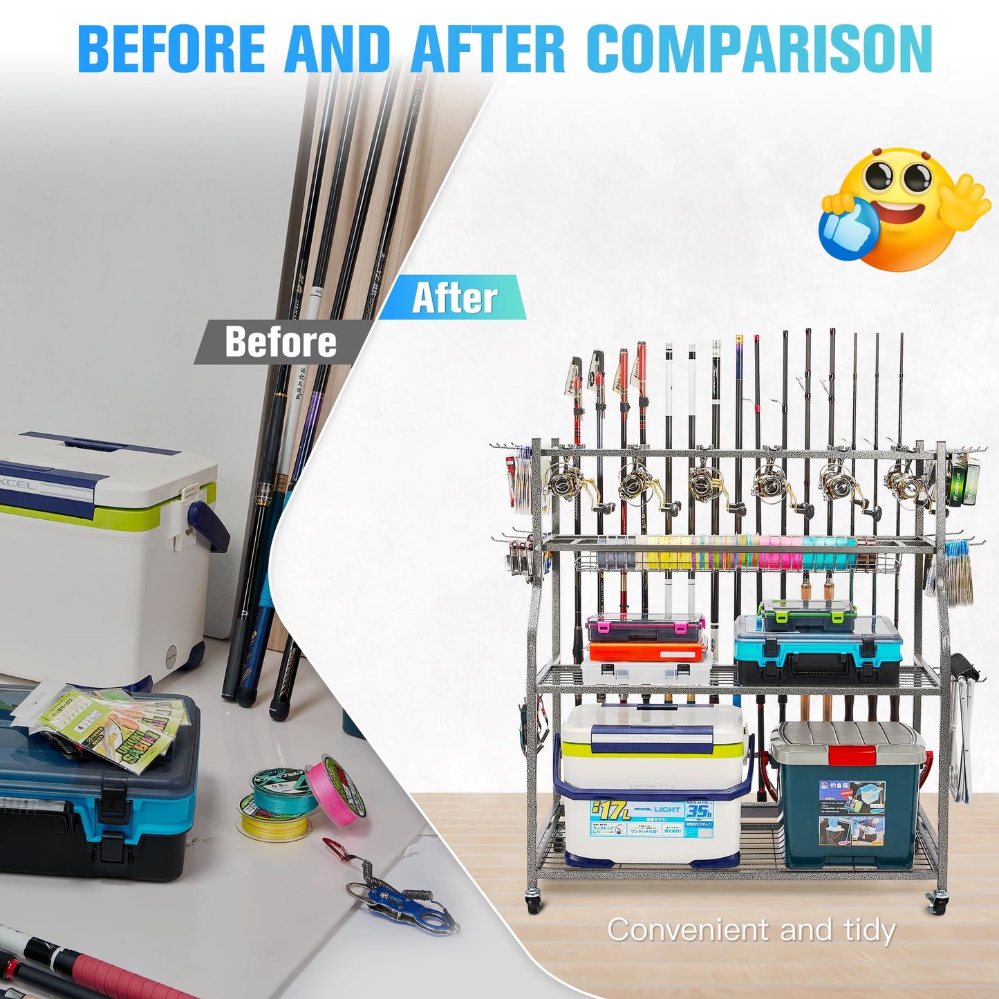 PeBro Fishing Pole Holders, Fishing Rod Holders for Garage, Fishing Rod Holder for Fishing Rod Tackle Box Reel Storage, All-In-One Fishing Rod Rack with Hooks and Wheels