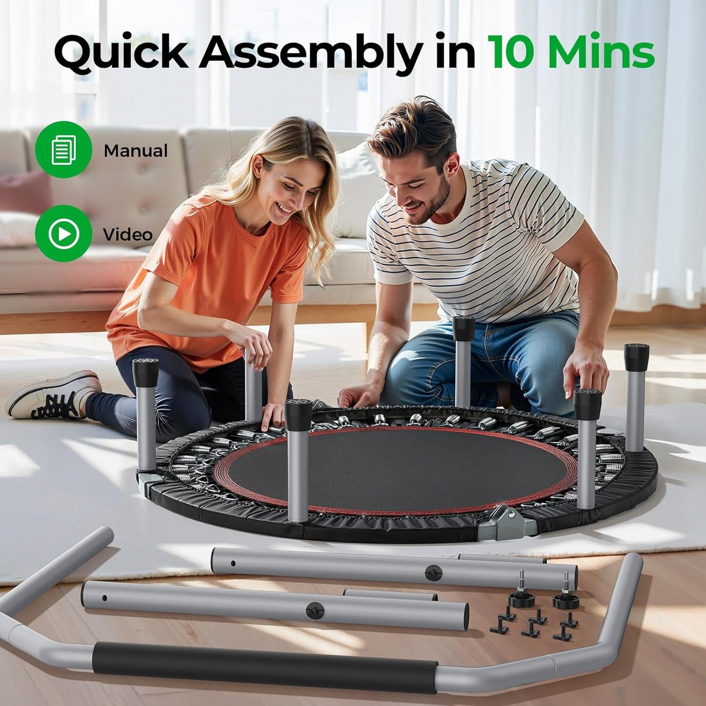 BCAN Foldable Mini Trampoline - Max Load 440lbs, Adjustable Foam Handle for Indoor & Garden Workouts | Fitness Rebounder