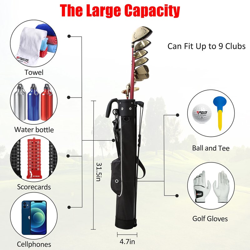 PGM Sunday Golf Bag with Stand and Strap - Ultra-Lightweight Pitch and Putt Carry Bag Holds Up to 9 Clubs - Waterproof Driving Range Travel Bag for Par 3 & Executive Courses