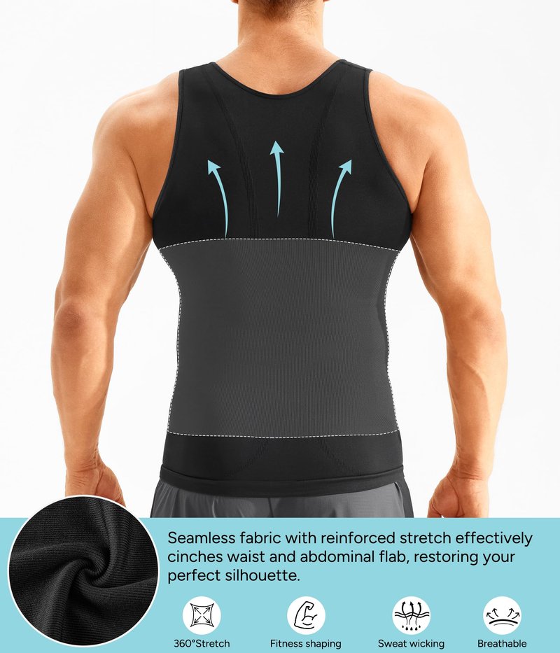Eleady Men's Compression Shirt Undershirt Slimming Body Shaper Athletic Workout Shirts Tank Top Sport Vest with Zipper (Beige, X-Large)