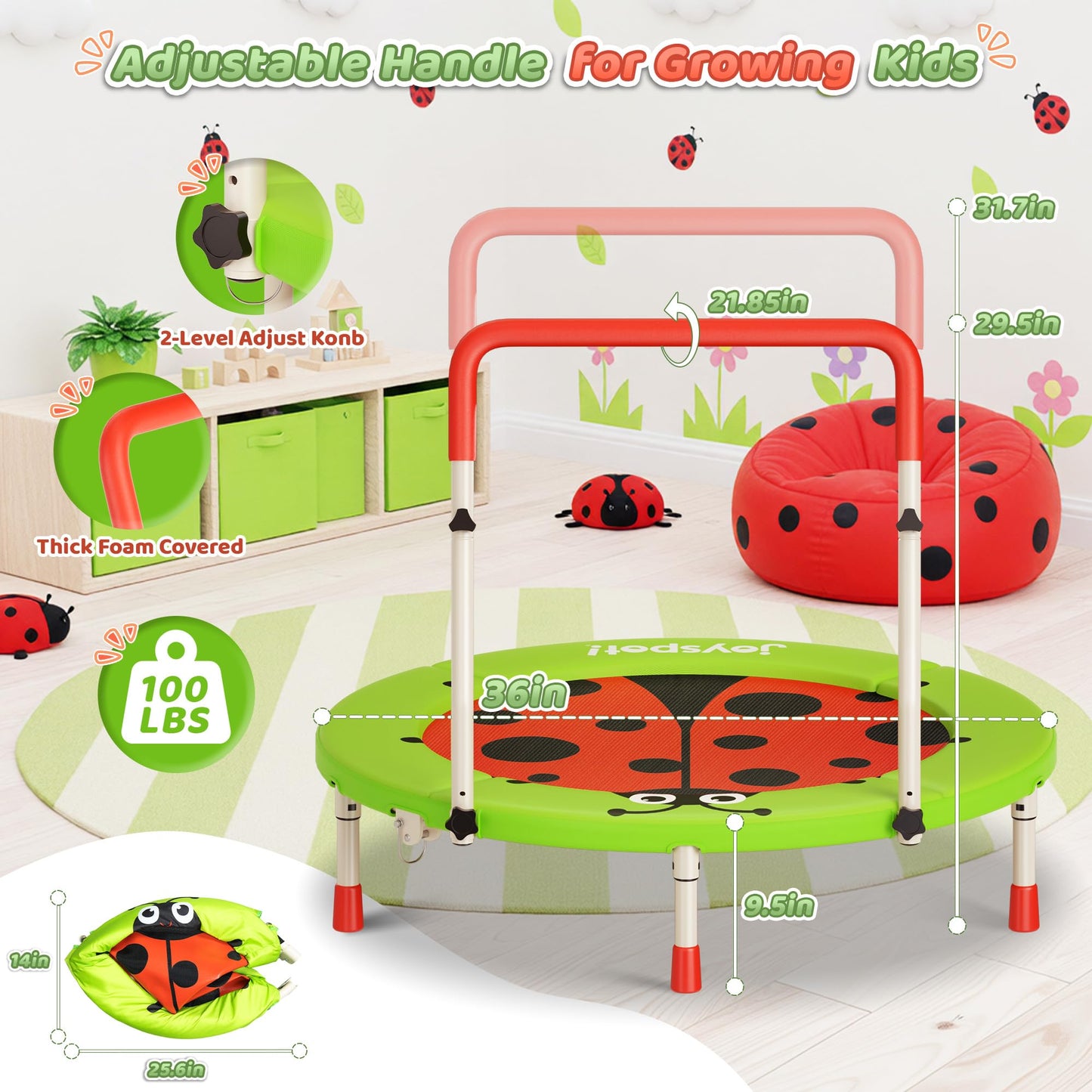3FT Toddler Trampoline, 36” Foldable Mini Trampoline with Adjustable Handle for Kids Ages 3-6, ASTM Certified Indoor Outdoor Kids Jumper with Safety Padded Cover, Boy Girl Gift Supports 100LBS