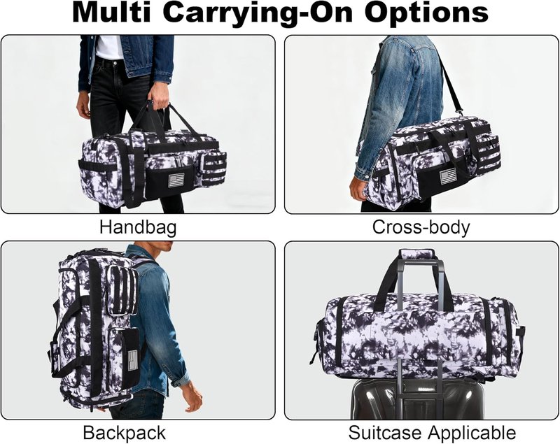Tactical Duffle Bag for Men - 50L 3-in-1 Gym Backpack with Shoe Compartment & Laptop Sleeve | Black & White