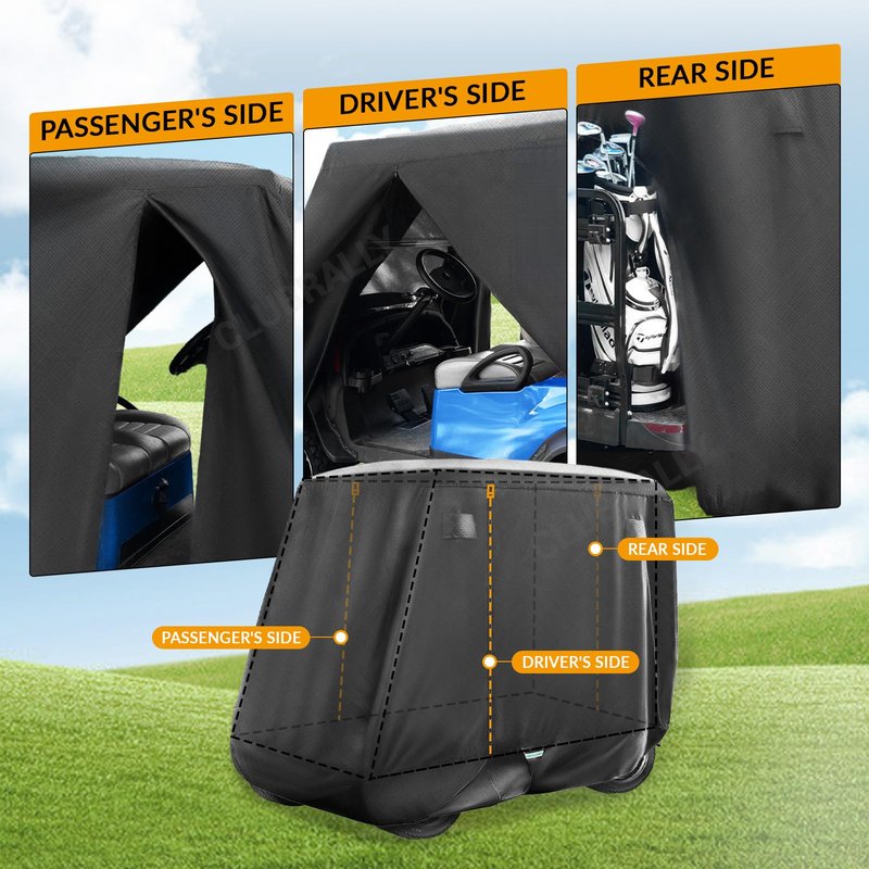 CLUBRALLY Golf Cart Cover with Doors and Reflective Stripes, 620D Waterproof Golf Cart Cover 2/4 Passenger for Club Car, EZGO, YAMAHA Golf Carts - Black