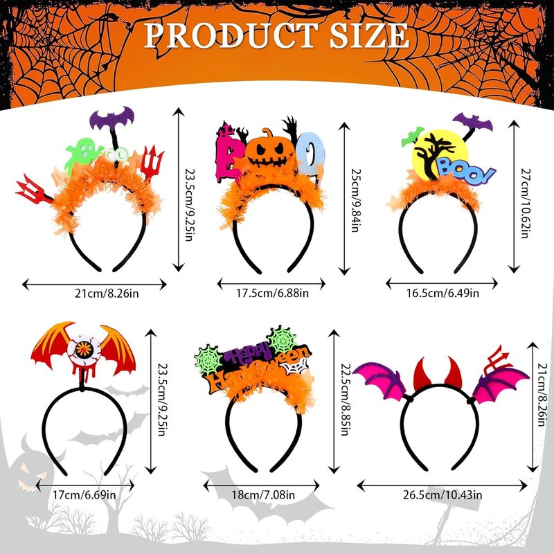 Glow in the Dark Halloween Headpieces - 6pcs Pumpkin, Bat, Ghost & Spider Party Accessories | Fun Photo Props