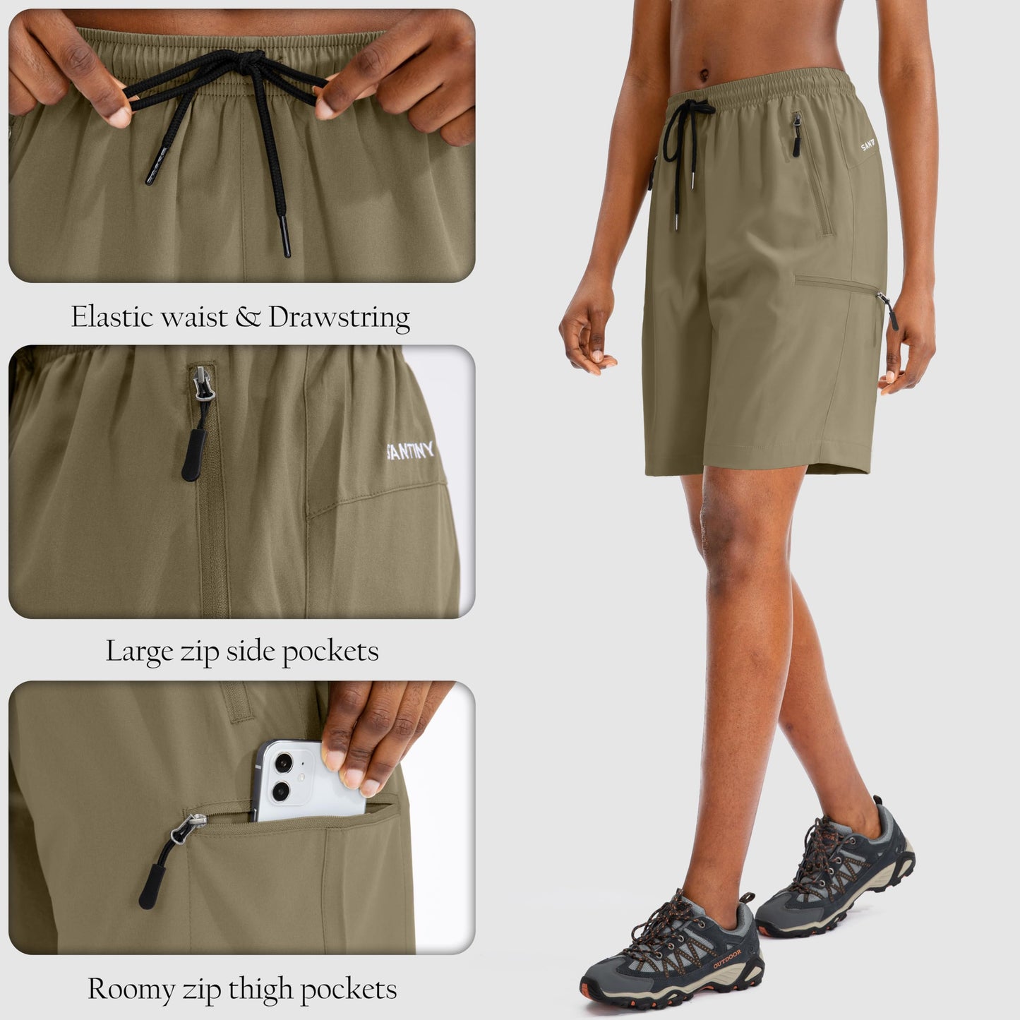 SANTINY Women's 5''/ 7''/9'' Hiking Cargo Shorts Quick Dry Lightweight Summer Shorts for Women Athletic Zipper Pockets(Dusty Khaki_XL)