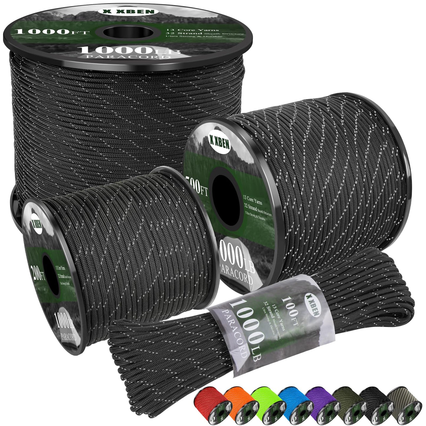 X XBEN Paracord Reflective 1000lb, 50/100/200/500/1000ft 4mm, 13 Strand Parachute Spool Cord, Heavy Duty Paracord Rope for Camping, Fishing, Hiking, Hunting, DIY Crafts, Black